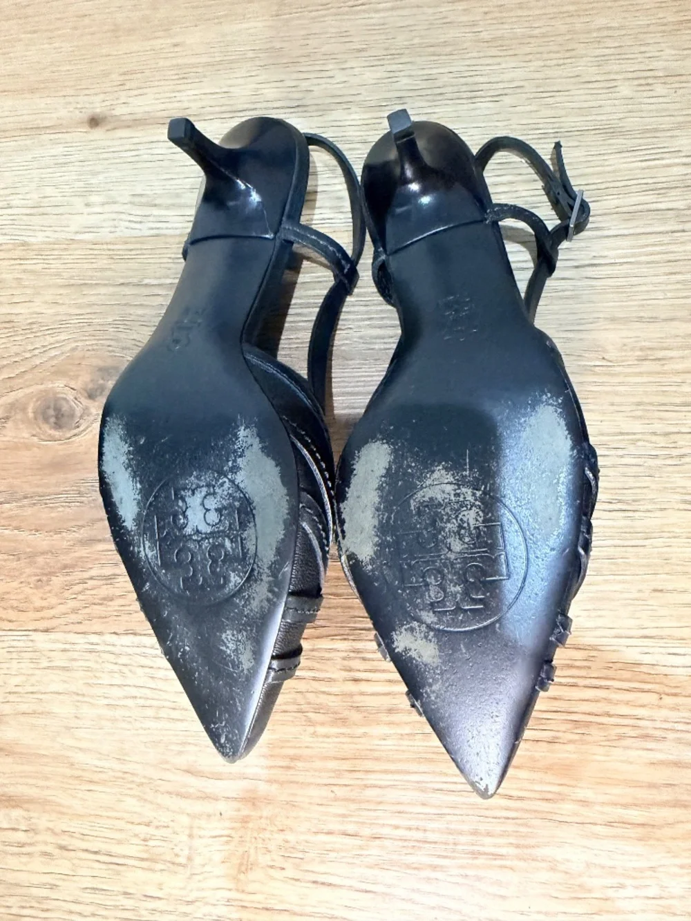 Tory Burch Black Leather Pointed Toe Slingback Kitten Heels 7.5